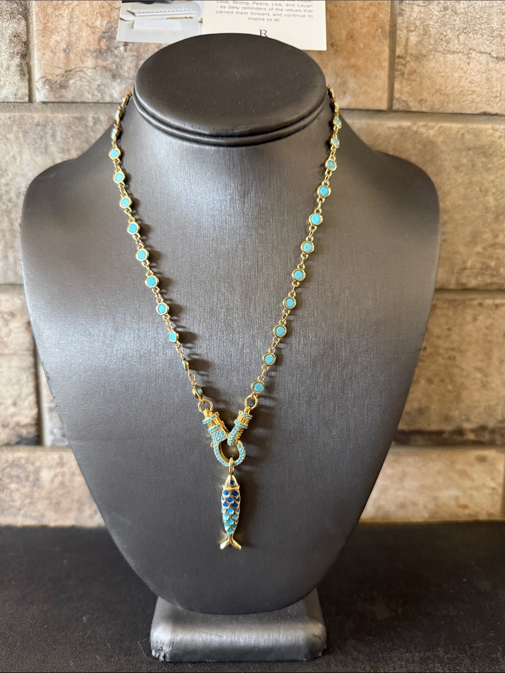 Freida Rothman Gold and Turquoise Enamel Fish Pendant Necklace